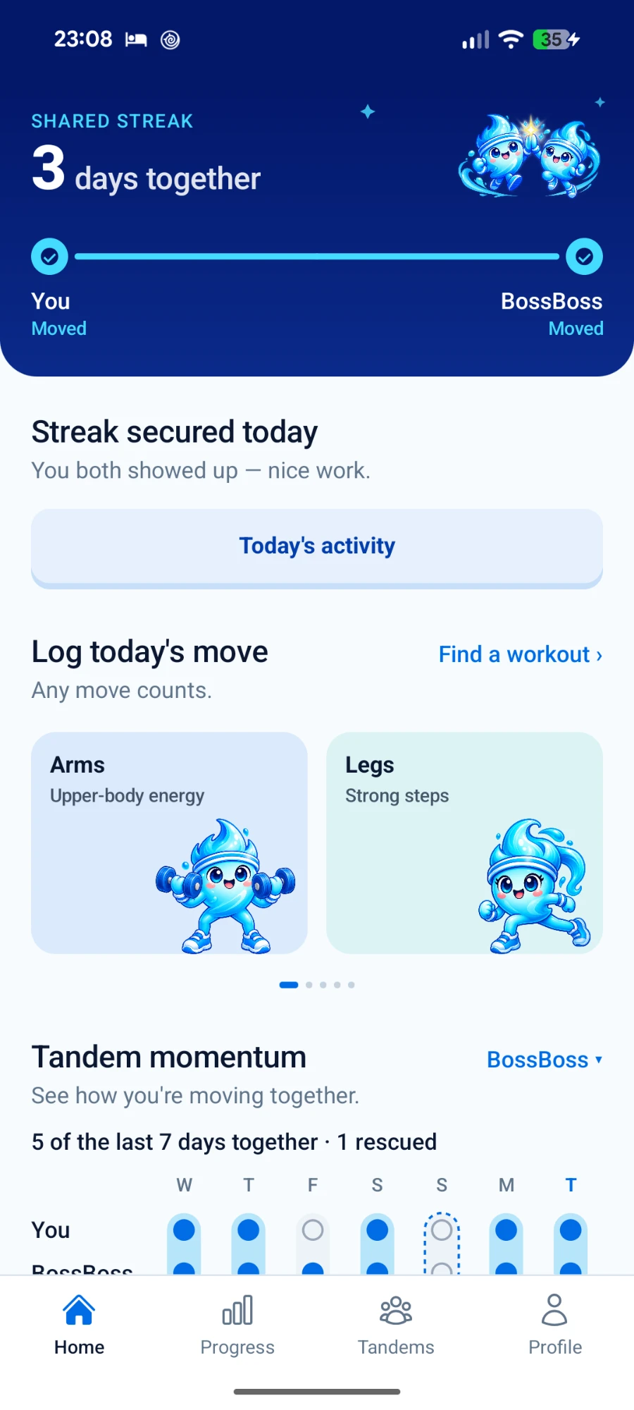 Fitandem home screen showing a three-day Shared Streak with both people marked as moved today